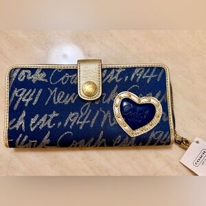 Coach Lurex New York Script Navy/ Gold Wallet New with tags